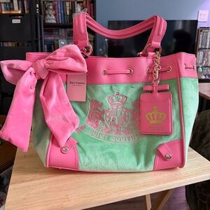Juicy Couture Pink and Mint Canvas Tote with Bow Accent